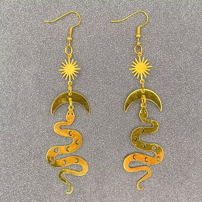 Snake Sun & Moon Gold Dangle Earrings