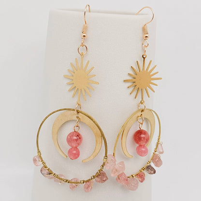 Strawberry Quarts Sun Moon Earrings