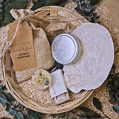 Bath product set with a basket, soap, matches, and a tag on a natural background.