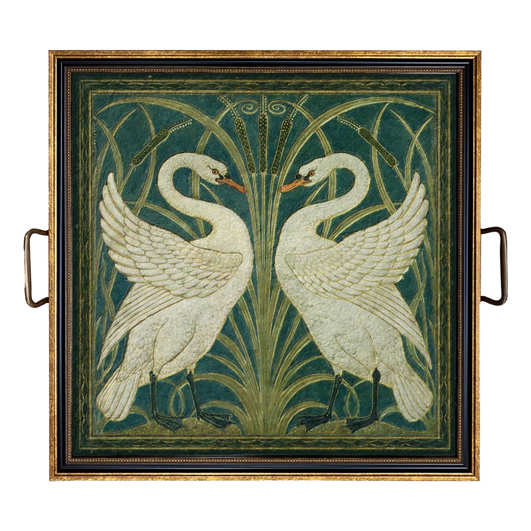 Two White Swans Decorative Tray with Brass Handles: Small