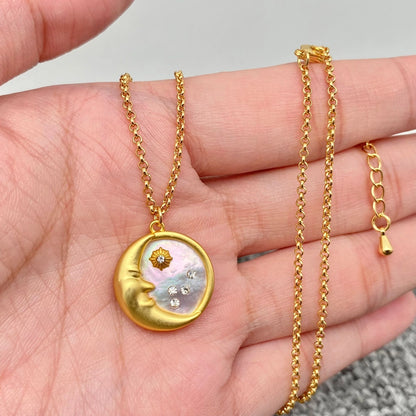 Inlaid Cz & Shell 18K Gold Plated Moon charm necklace