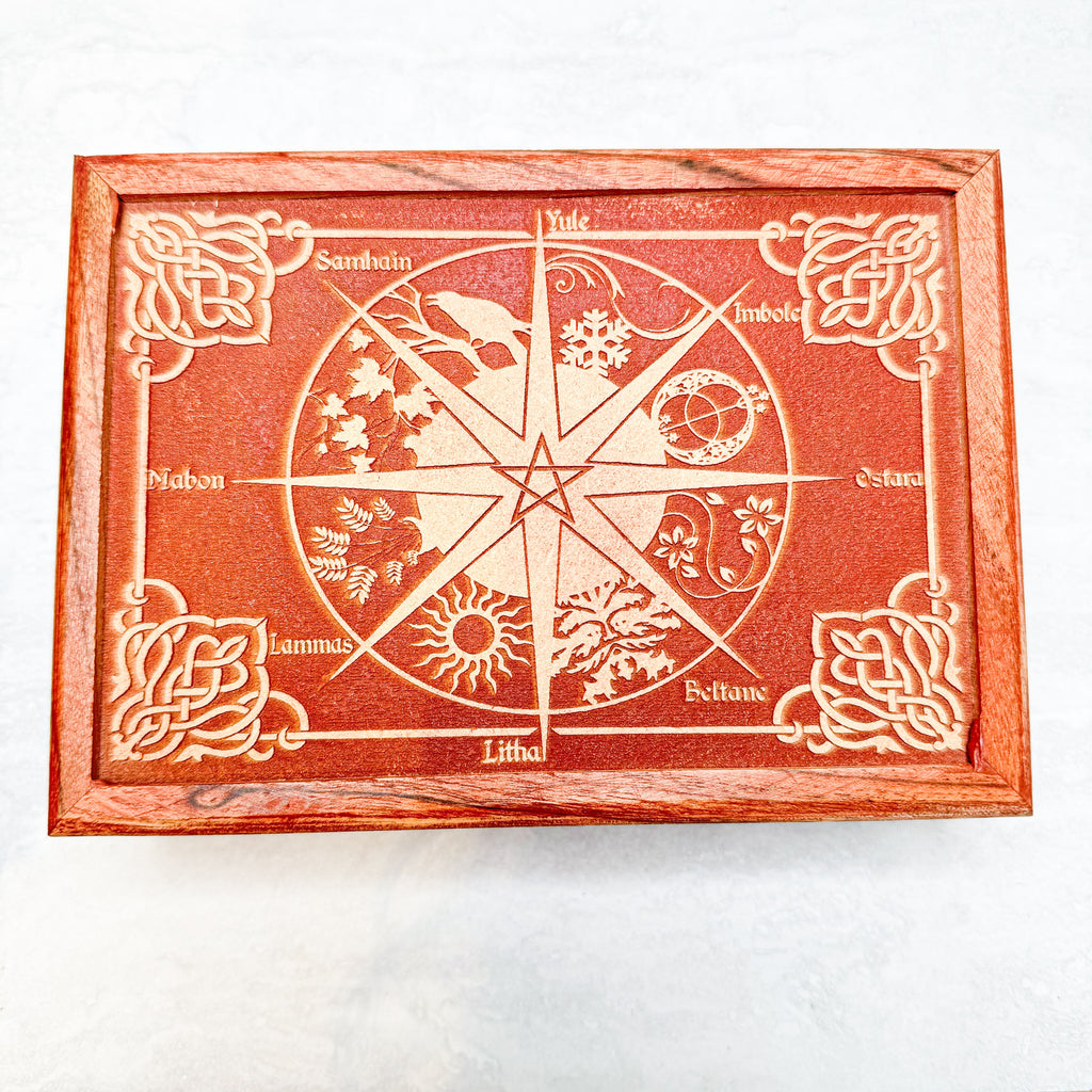 Acacia Wood Laser Engraved Pagan Calendar Box