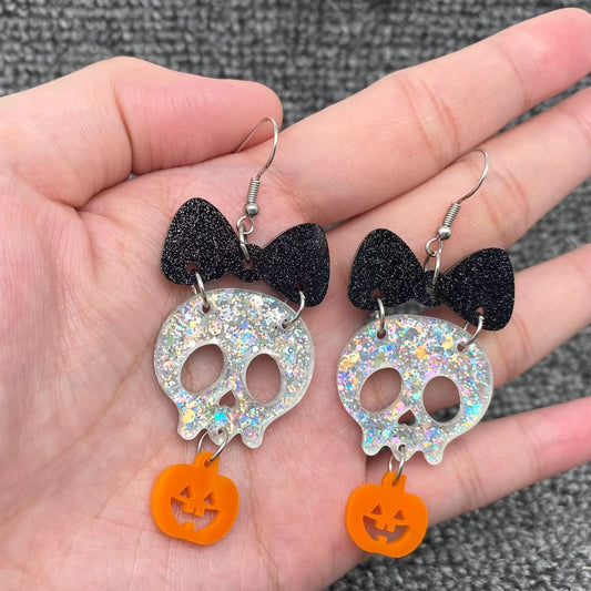 Halloween Acrylic Pumpkin Skull Bow Linked Earrings