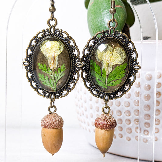 Vintage Pressed Flower and Acorn Dangles