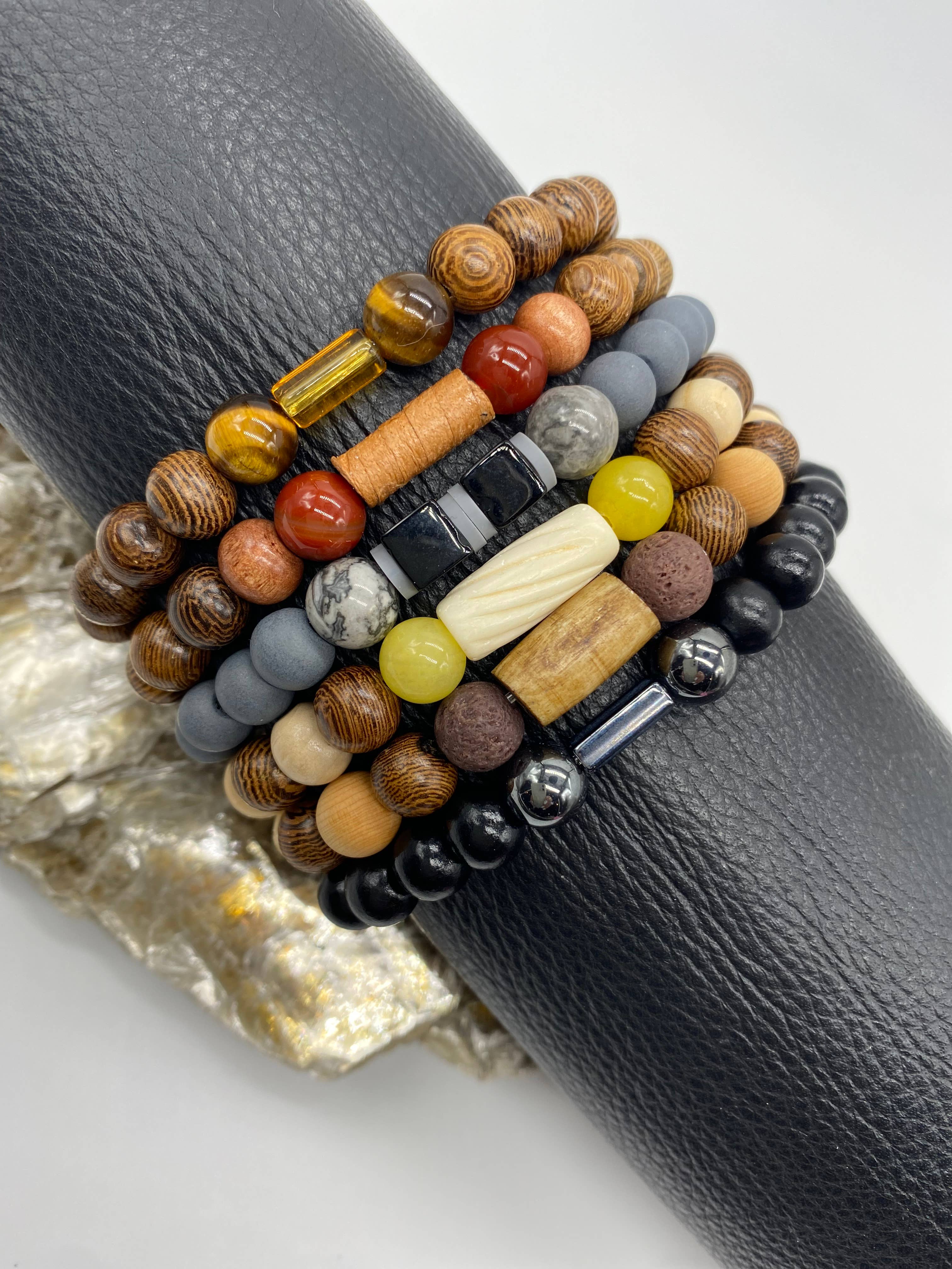 Stretch Wood and Stone Bracelets for Men