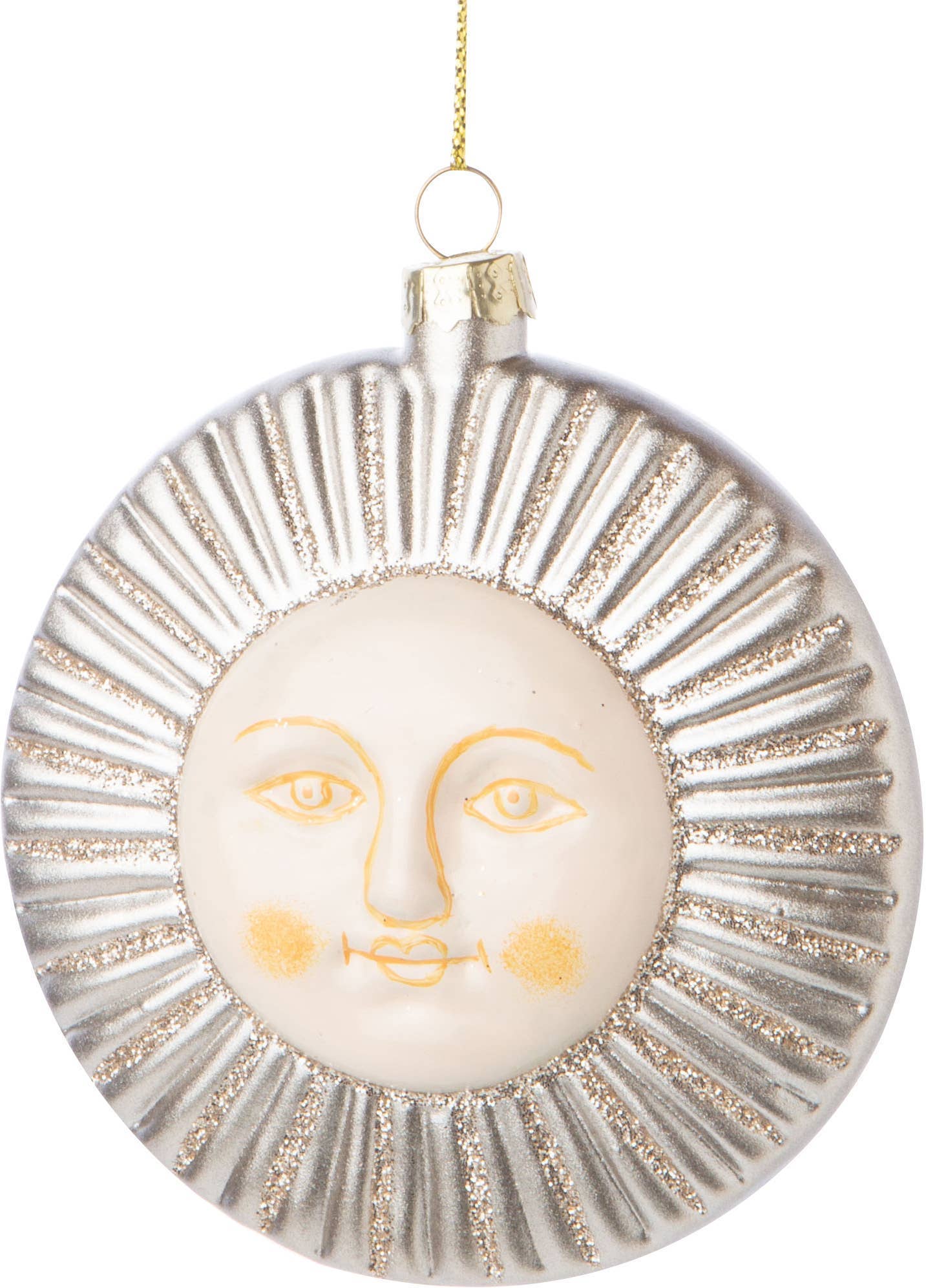 Silver Glass Sun Ornament | Cream Face with Gold Accents 3.9"