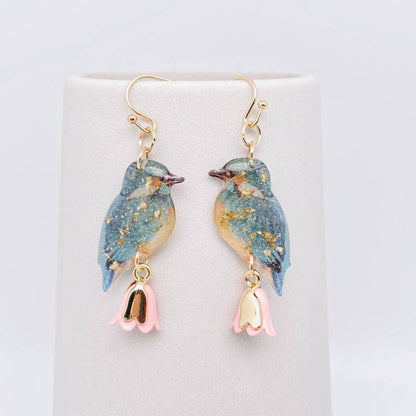 Blue Resin Birds with White and Gold Flower Earrings