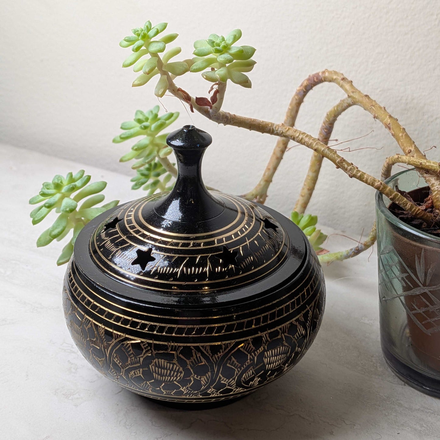 Black Brass Burner with Etching