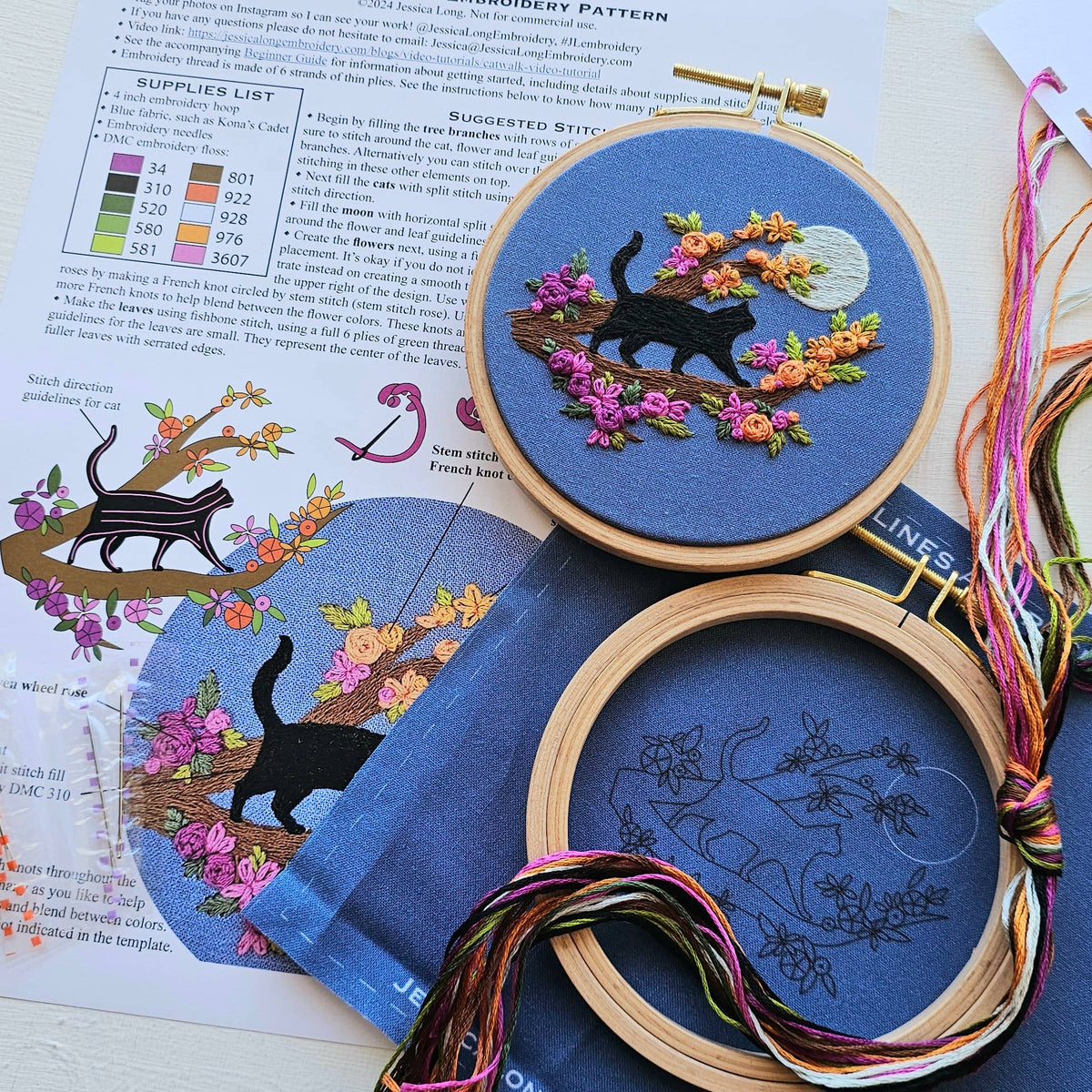 Black cat and full moon embroidery kit, second view, at Ordinary Magic in Savannah, GA.