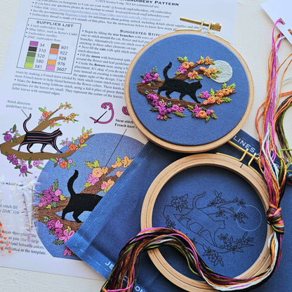 Black cat and full moon embroidery kit, second view, at Ordinary Magic in Savannah, GA.