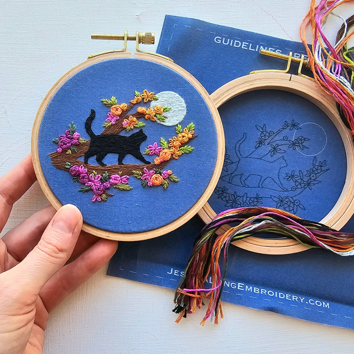 Black cat and full moon embroidery kit, third view, at Ordinary Magic in Savannah, GA.