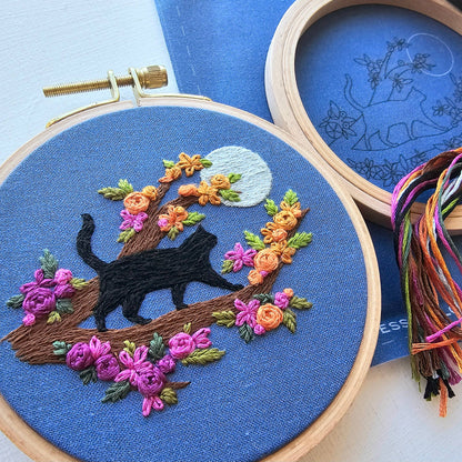 Black cat and full moon embroidery kit, fourth view, at Ordinary Magic in Savannah, GA.