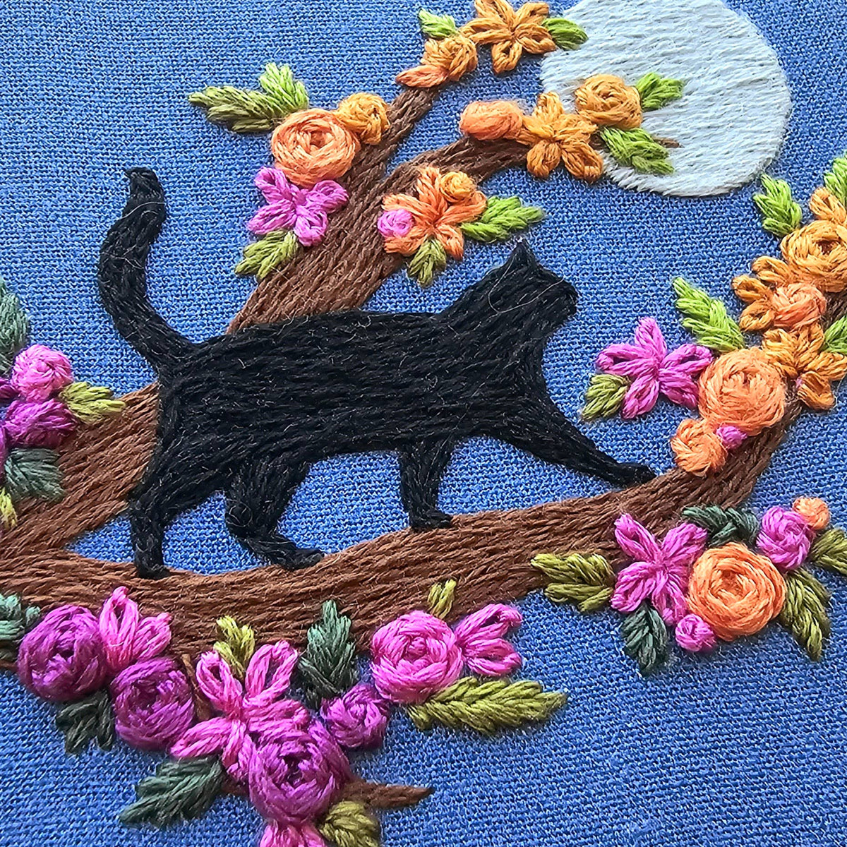 Black cat and full moon embroidery kit, fifth view, at Ordinary Magic in Savannah, GA.