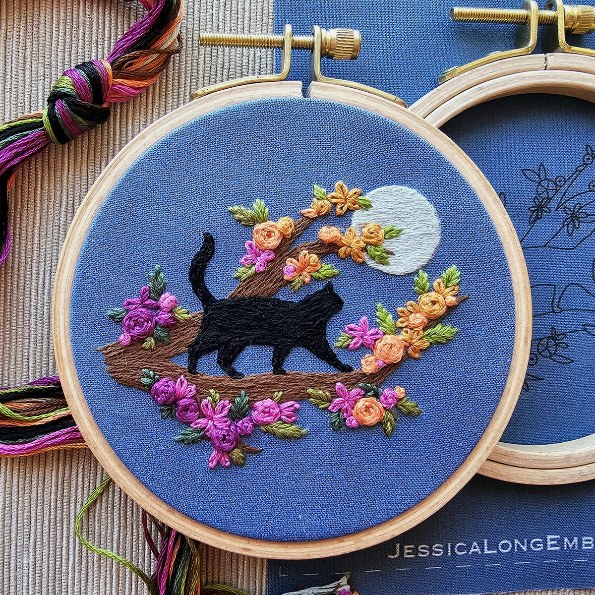 Mini black cat and full moon embroidery kit, 4-inch hoop, at Ordinary Magic in Savannah, GA.