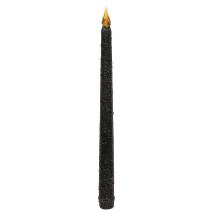 A single black taper candle with a textured, ribbed surface and a small yellow flame tip, isolated on a white background.