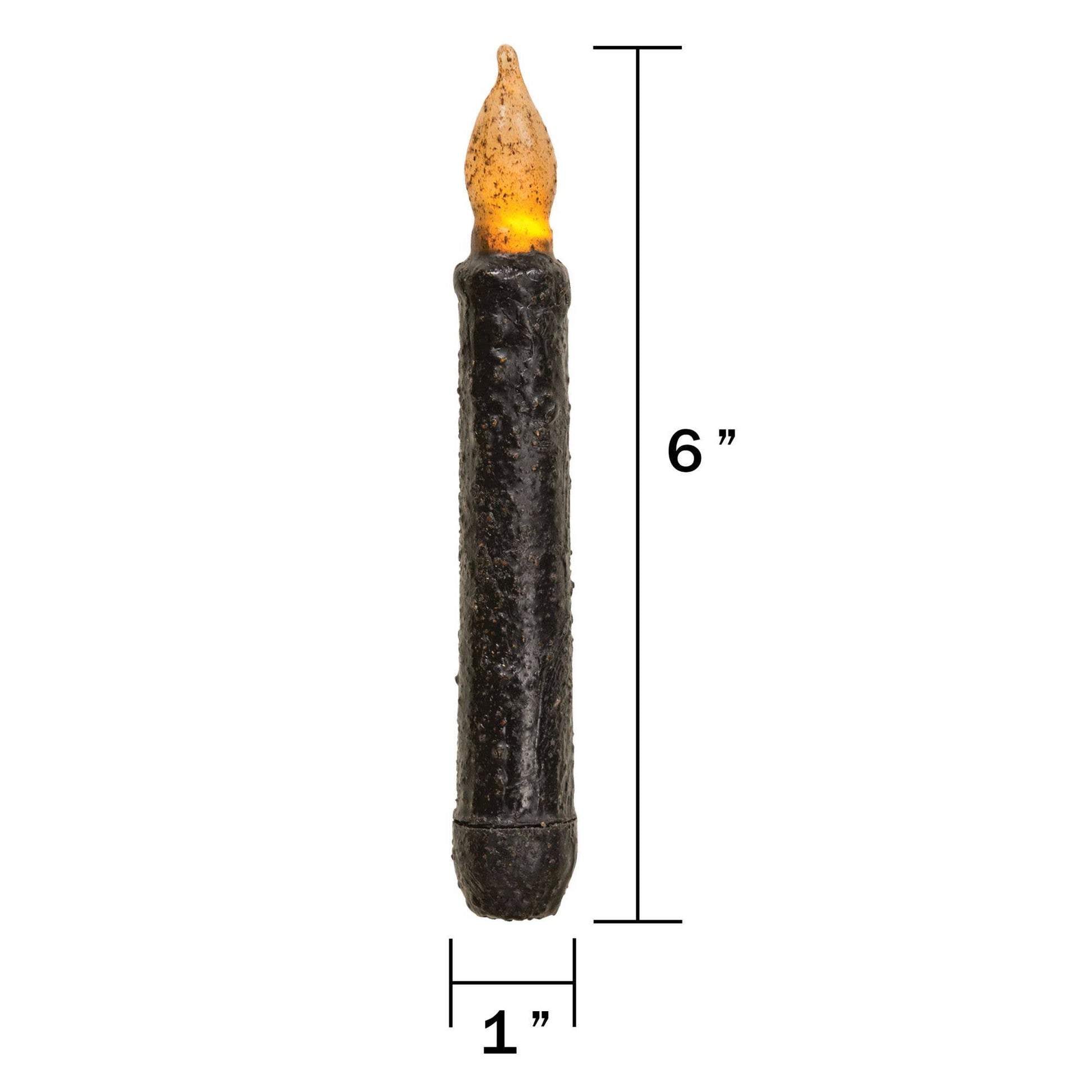 A black textured candle-shaped product with a glowing orange flame top, shown on a white background with dimension markers indicating 6 inches in height and 1 inch in width.