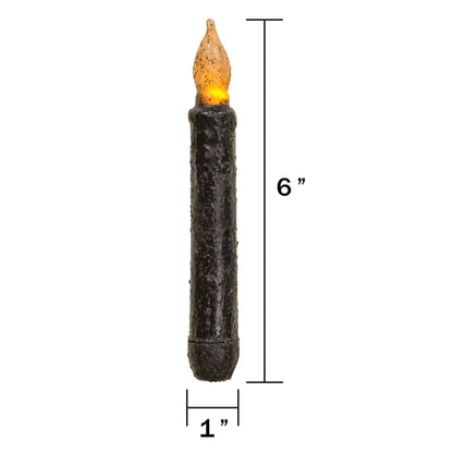 A black textured candle-shaped product with a glowing orange flame top, shown on a white background with dimension markers indicating 6 inches in height and 1 inch in width.