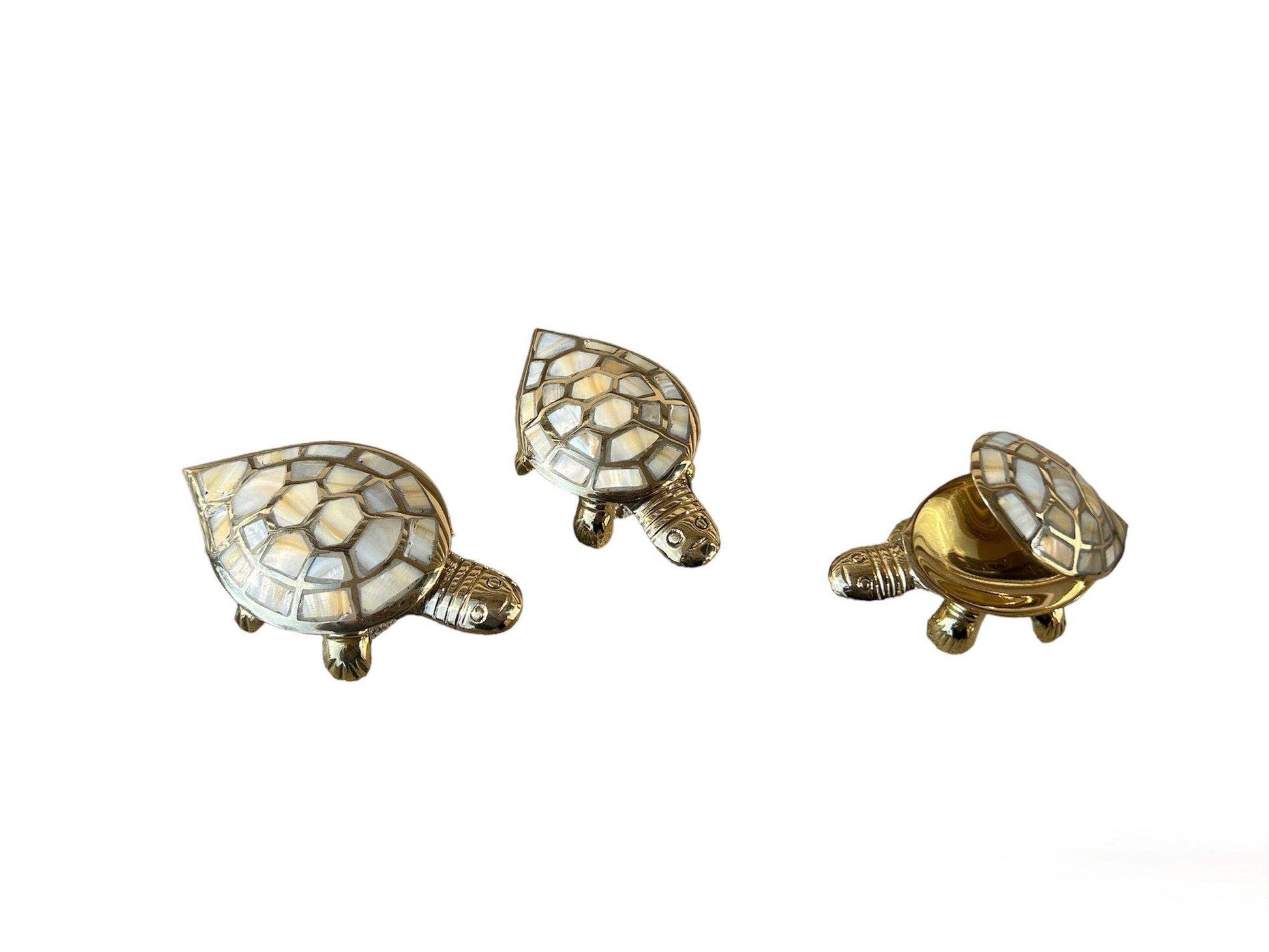 Set of turtle-shaped jewelry pieces on a white background