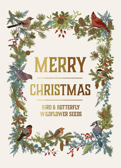 Merry Christmas Wreath of Birds Gift Tag - Bird & Butterfly Wildflower Seed Pack