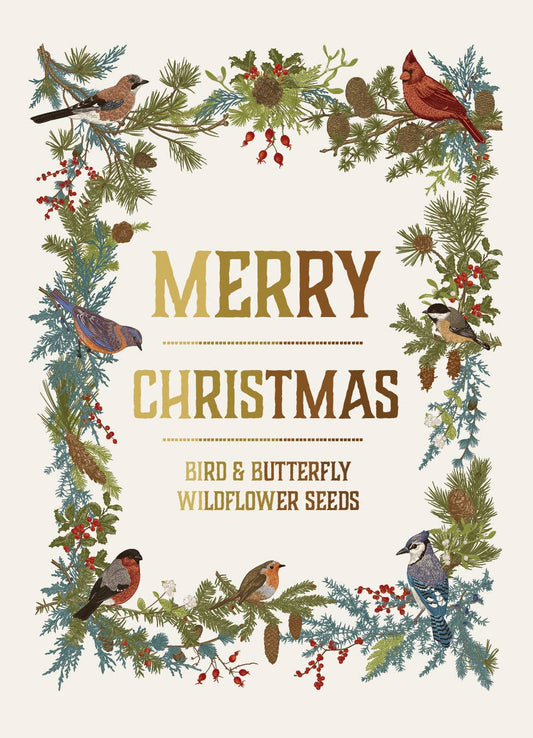Merry Christmas Wreath of Birds Gift Tag - Bird & Butterfly Wildflower Seed Pack