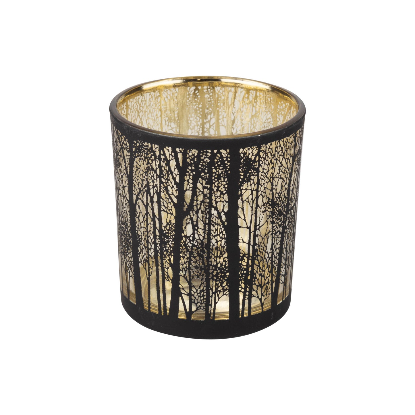 Winter Scene Glass Candle Holder Table Piece | Clear Glass with Black Rim & Tree Design 4"