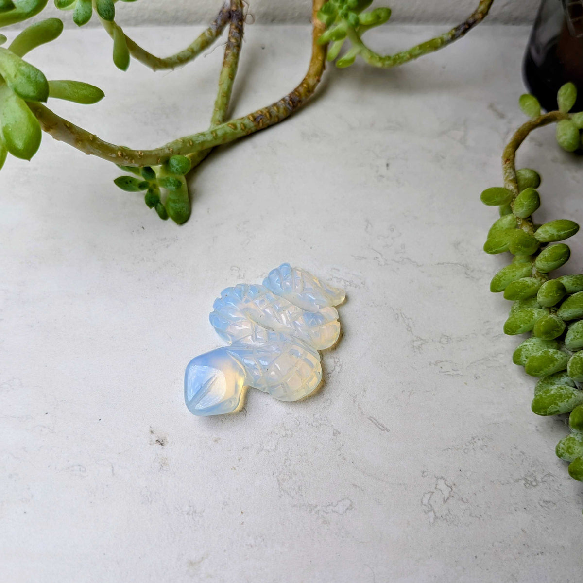 Carved crystal snake figure in opalite, at Ordinary Magic in Savannah, GA.