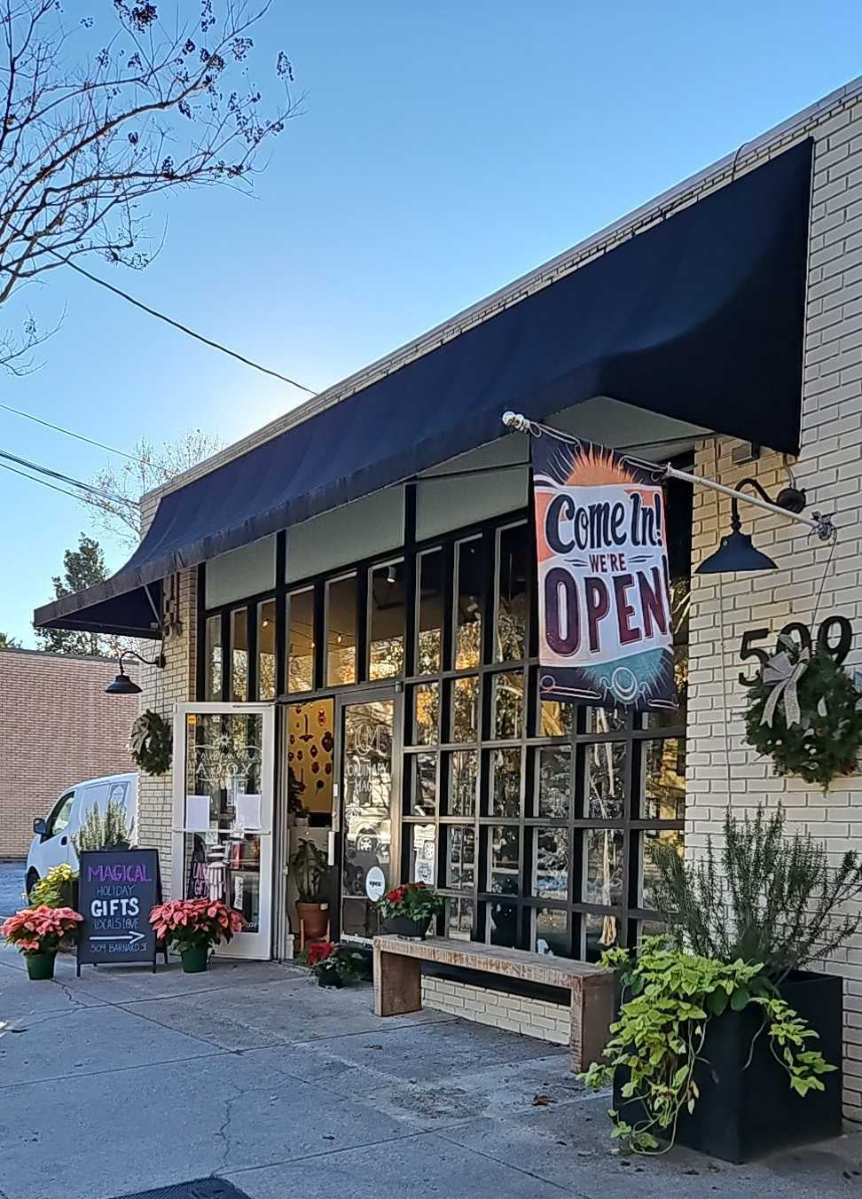 Our storefront with a back awning and 'Open' sign, surrounded by plants and flowers on a clear day.