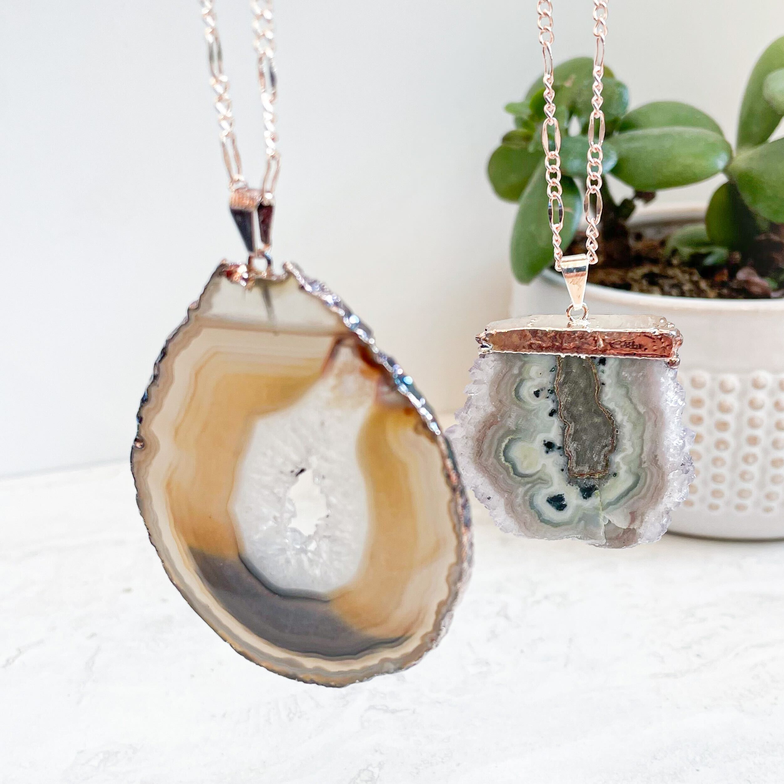 Druzy Slice Agate Pendant with Plated Edge