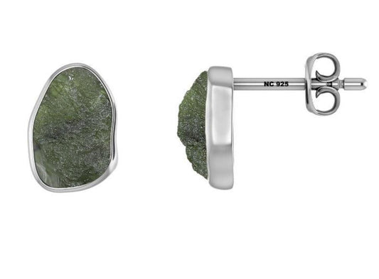 Natural Moldavite Bezel Stud Sterling Silver Earrings