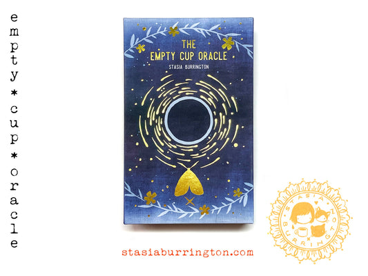 The Empty Cup Oracle deck by Stasia Burrington, illustrated oracle cards with gold-foil edges and lidded box, at Ordinary Magic in Savannah, GA.