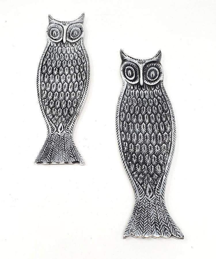 Owl metal incense burner tray with antique silver-tone finish, at Ordinary Magic in Savannah, GA.