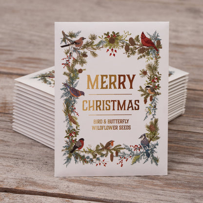 Merry Christmas Wreath of Birds Gift Tag - Bird & Butterfly Wildflower Seed Pack