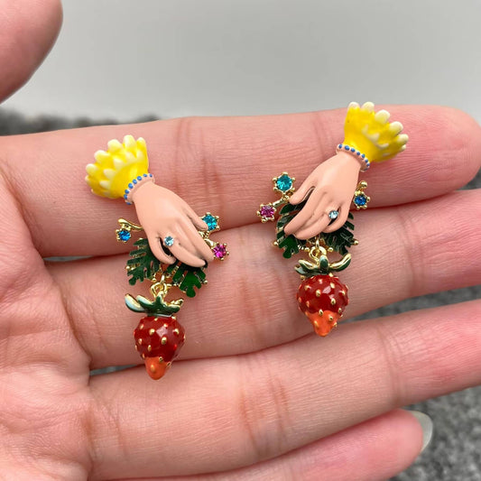Inlaid Rhinestone Enamel Hand Picking Strawberry Earrings