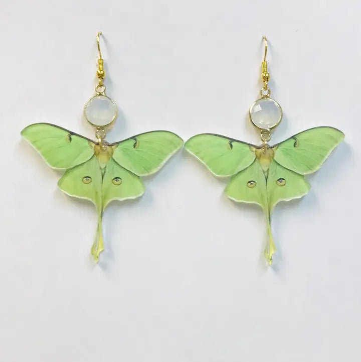 Acrylic Luna Moth with Acrylic Opal & Gold Detail Earrings