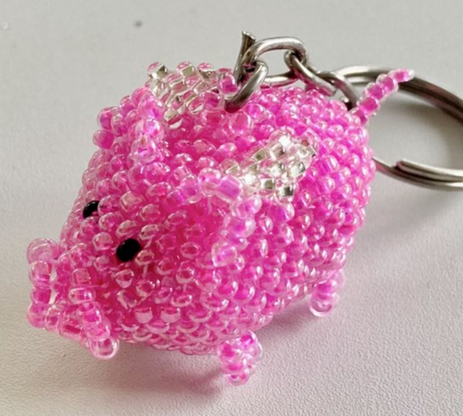 Flying Pig seed bead keychain