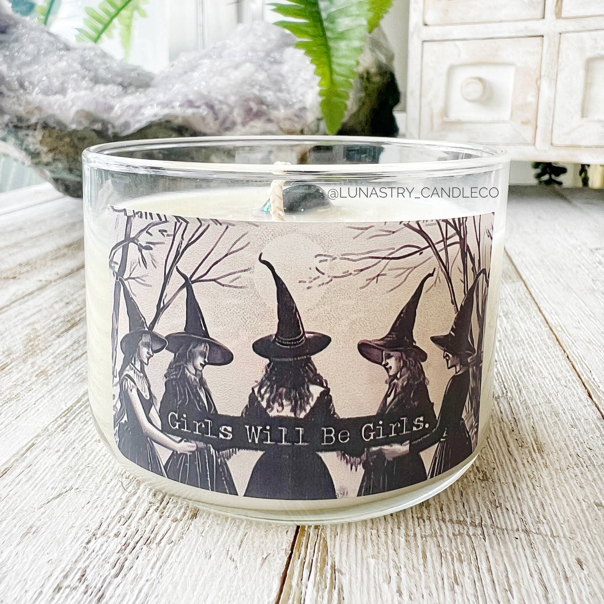 Girls Will Be Girls 5 oz hand-poured soy candle with a crystal, by Lunastry, at Ordinary Magic in Savannah, GA.