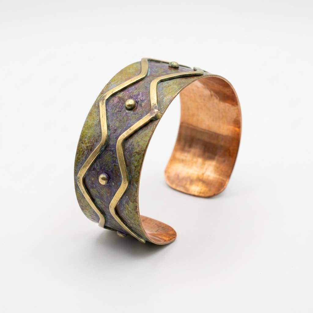 Handcrafted Rustic Copper Patina Bracelet -  Olive Zigzag