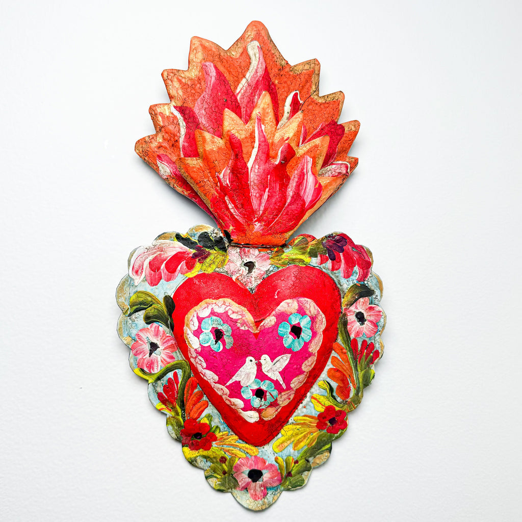 Mexican Hand Painted Tin Heart Wall Accent 9.5"
