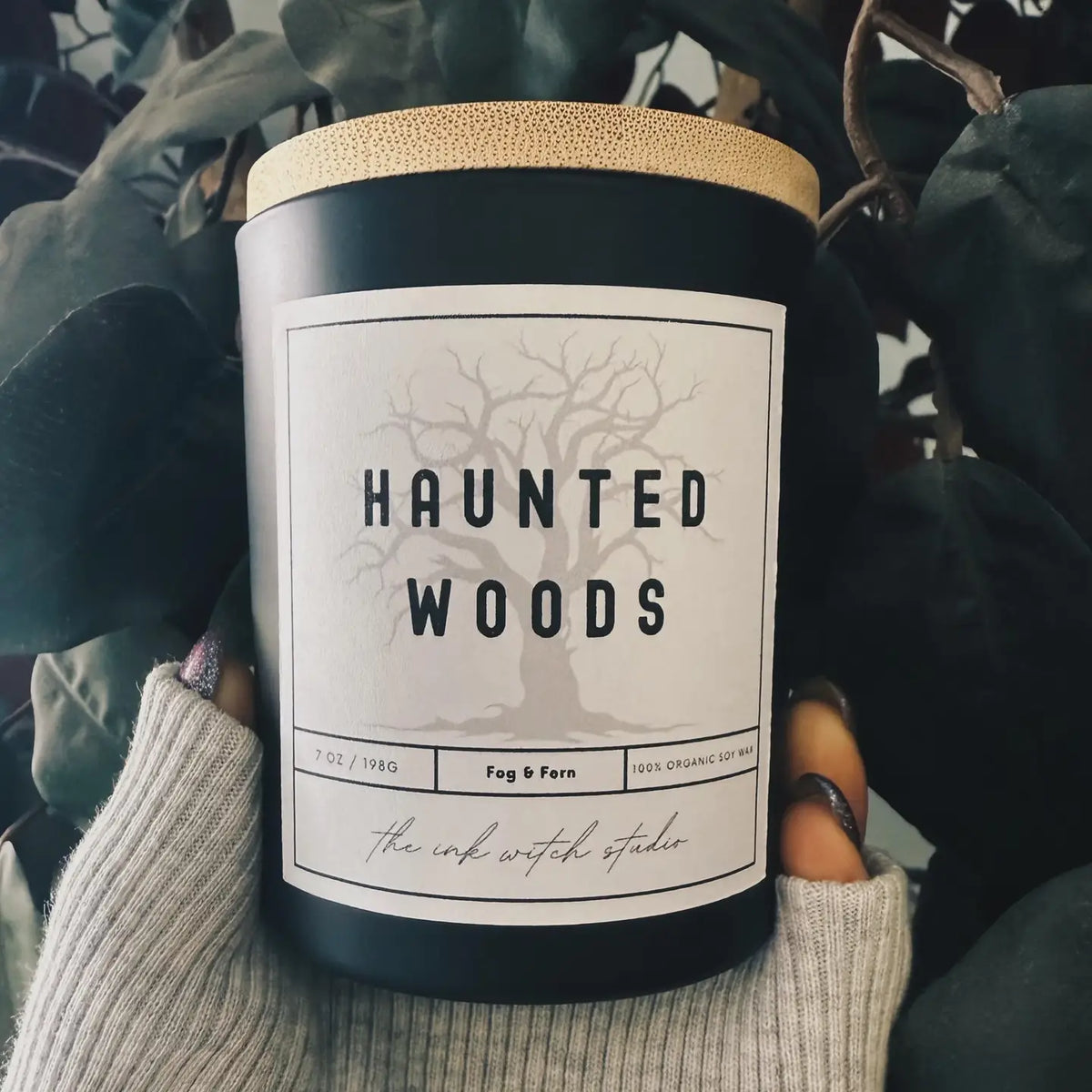 Ink Witch Studios Haunted Woods organic soy candle — moss, damp earth, and juniper, at Ordinary Magic in Savannah, GA.