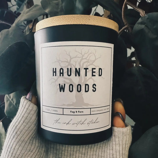 Ink Witch Studios Haunted Woods organic soy candle — moss, damp earth, and juniper, at Ordinary Magic in Savannah, GA.