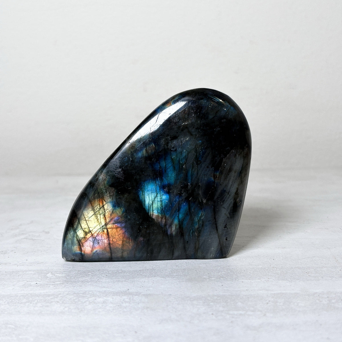Rounded teardrop-shaped labradorite freeform, near-black polished stone with a bright patch of blue, gold and peach flash at the center.