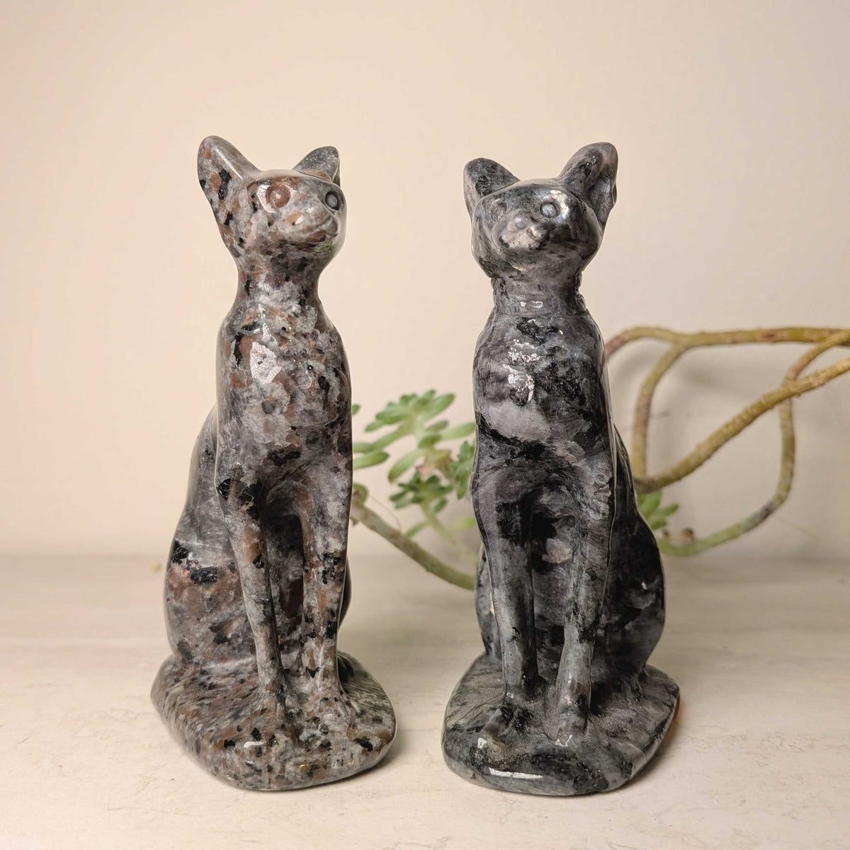 Carved stone cat figure in larvikite and yooperlite, at Ordinary Magic in Savannah, GA.