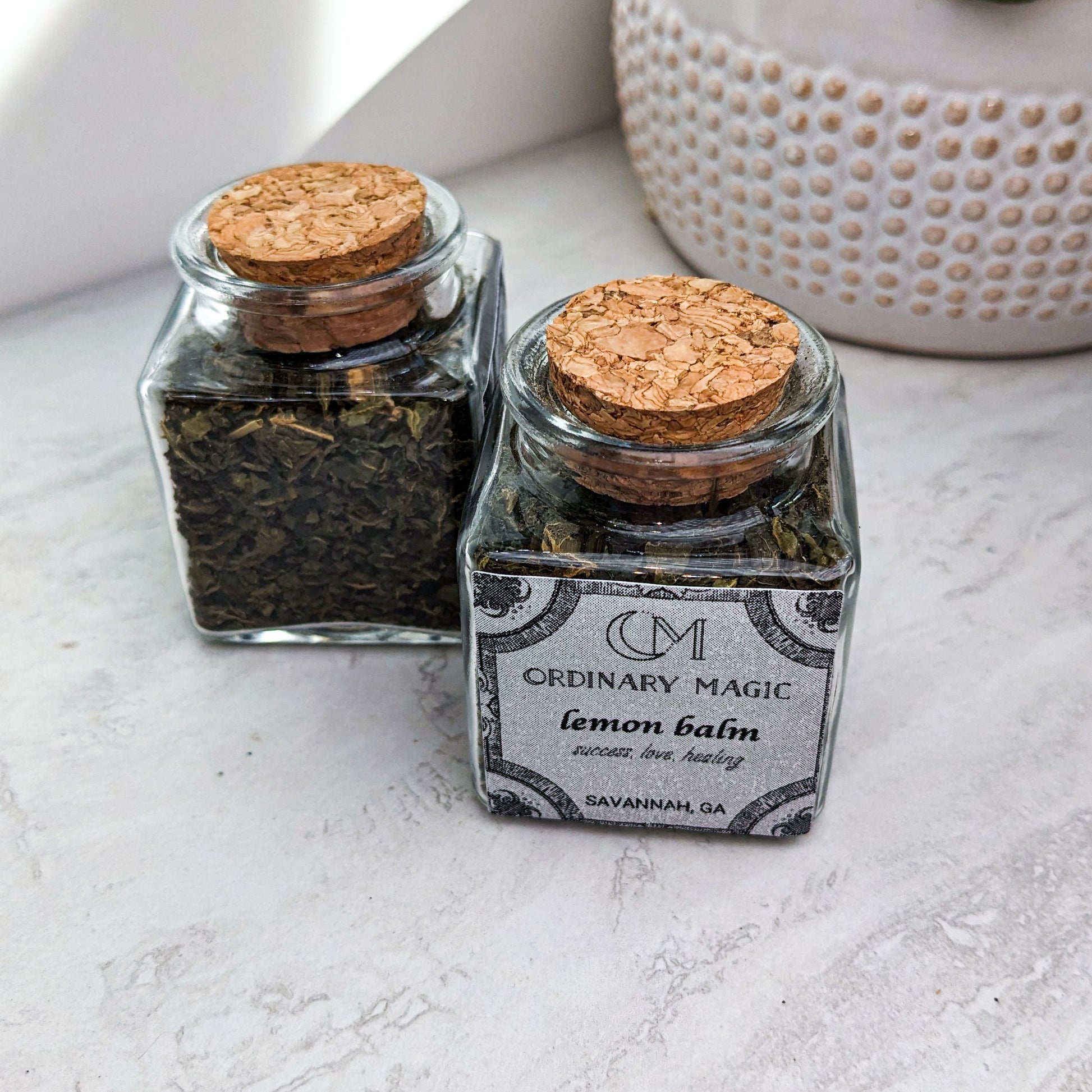 Dried lemon balm in a jar — calming herb for relaxation spells, Ordinary Magic, Savannah GA