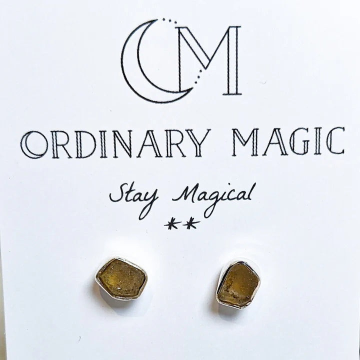 Libyan desert glass sterling silver stud earrings, Ordinary Magic crystal shop, Savannah GA
