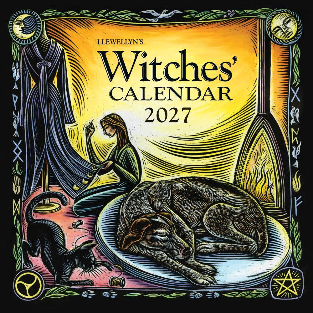 Llewellyn's 2027 Witches' Calendar cover with scratchboard illustration by Jennifer Hewitson, at Ordinary Magic in Savannah, GA.