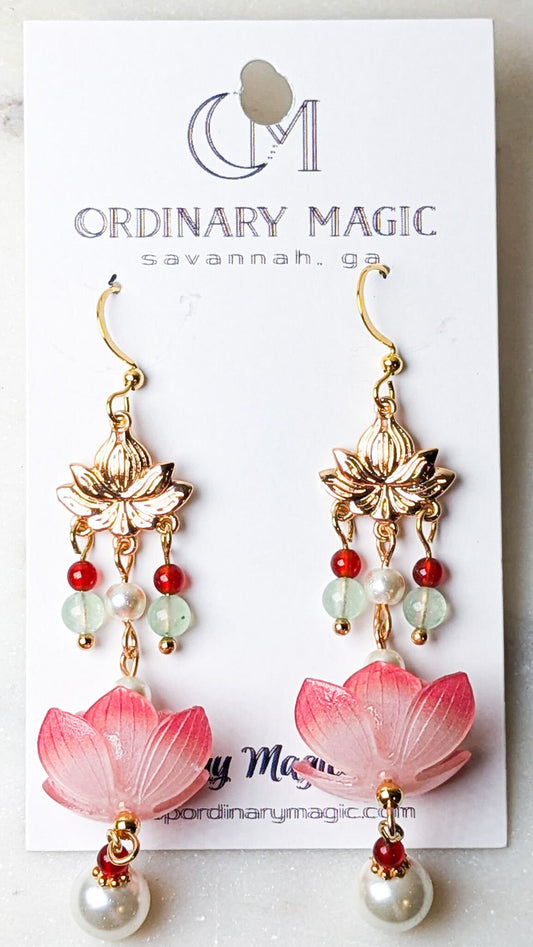 Chinoiserie Glass Lotus & Agate 14K Gold Plated Earrings