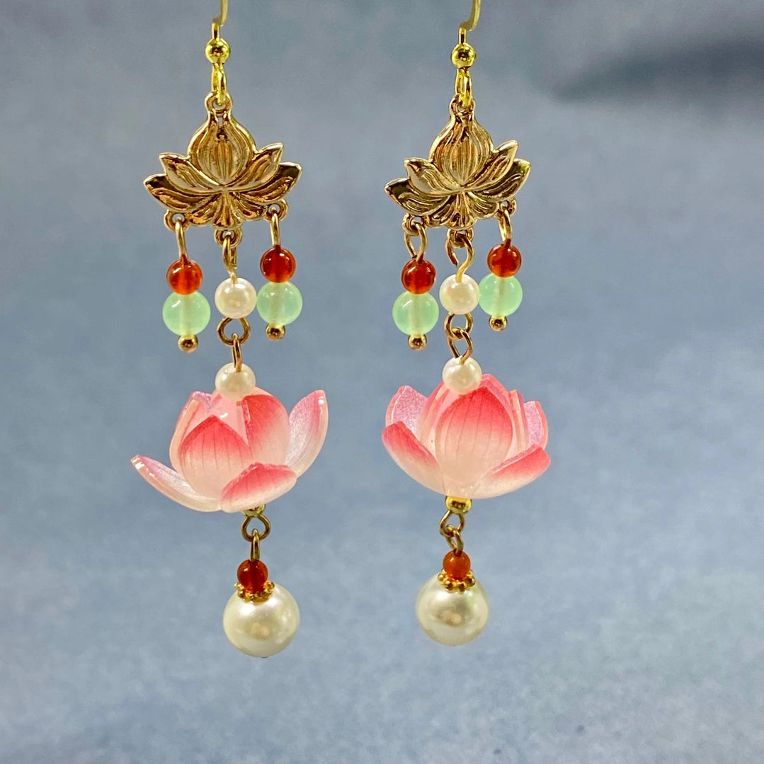 Chinoiserie Glass Lotus & Agate 14K Gold Plated Earrings