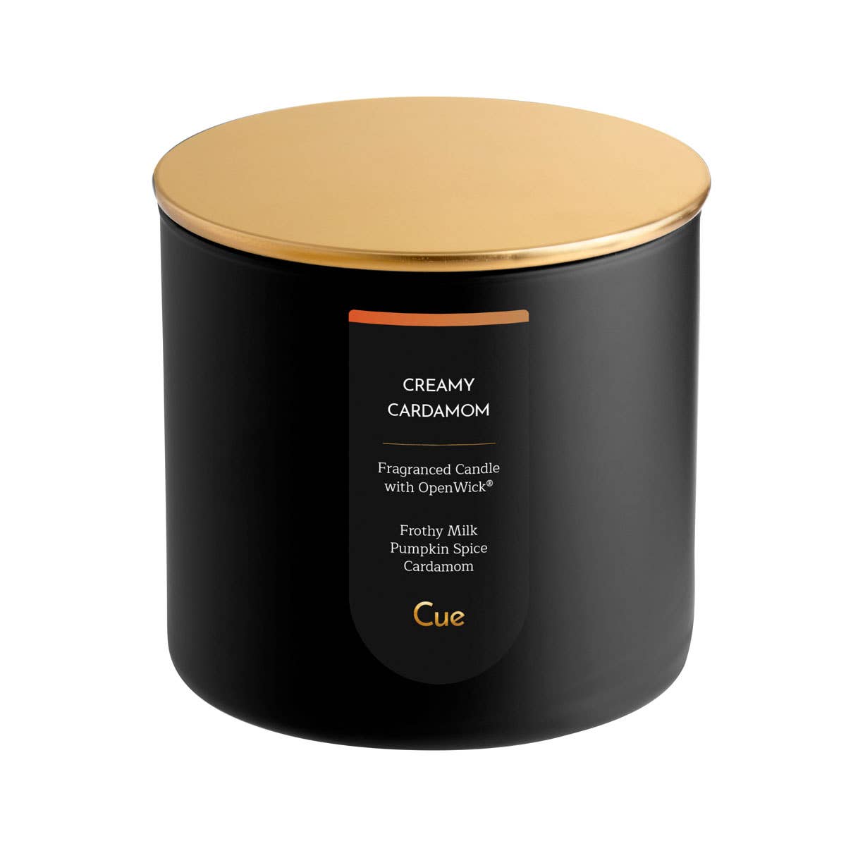 Cue Creamy Cardamom candle in a black jar with a gold lid — milk, coffee, and spiced caramel, at Ordinary Magic in Savannah, GA.
