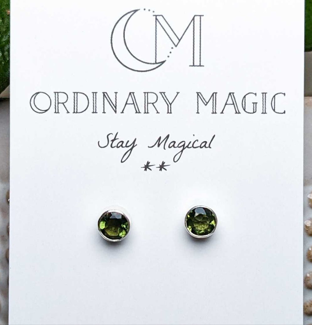 Faceted Moldavite Silver Stud Earrings