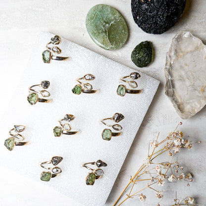 Moldavite, Pakimer Diamond & Meteorite Campo Del Cielo Stirling Silver Rings